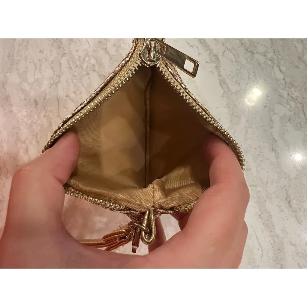 EUC Gold Glitter Wristlet Pouch Clutch, Sparkly Zip Top Metallic Gold